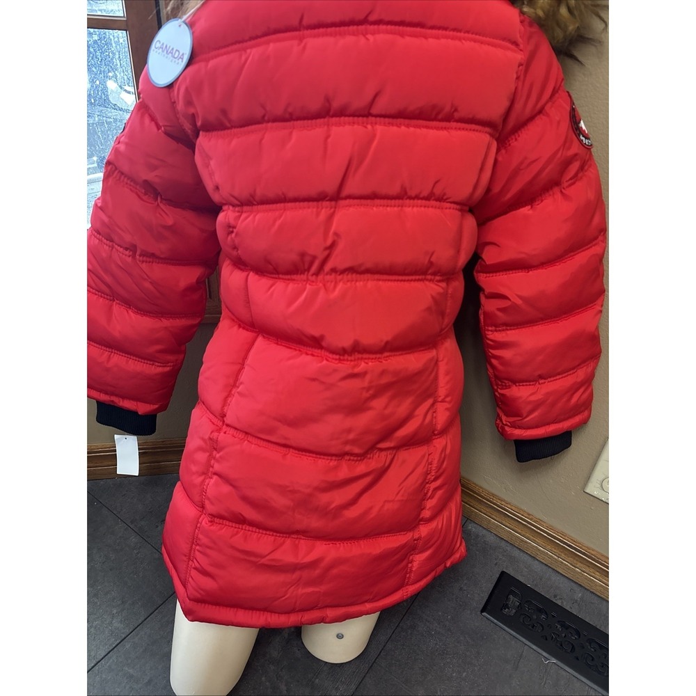 Canada Weathergear Red Long Hooded Puffer Parka Coat Girl Medium 10/12 Faux Fur - Picture 6 of 6